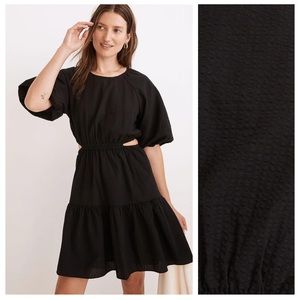 Madewell Black Seersucker Puff-Sleeve Cutout Mini Dress